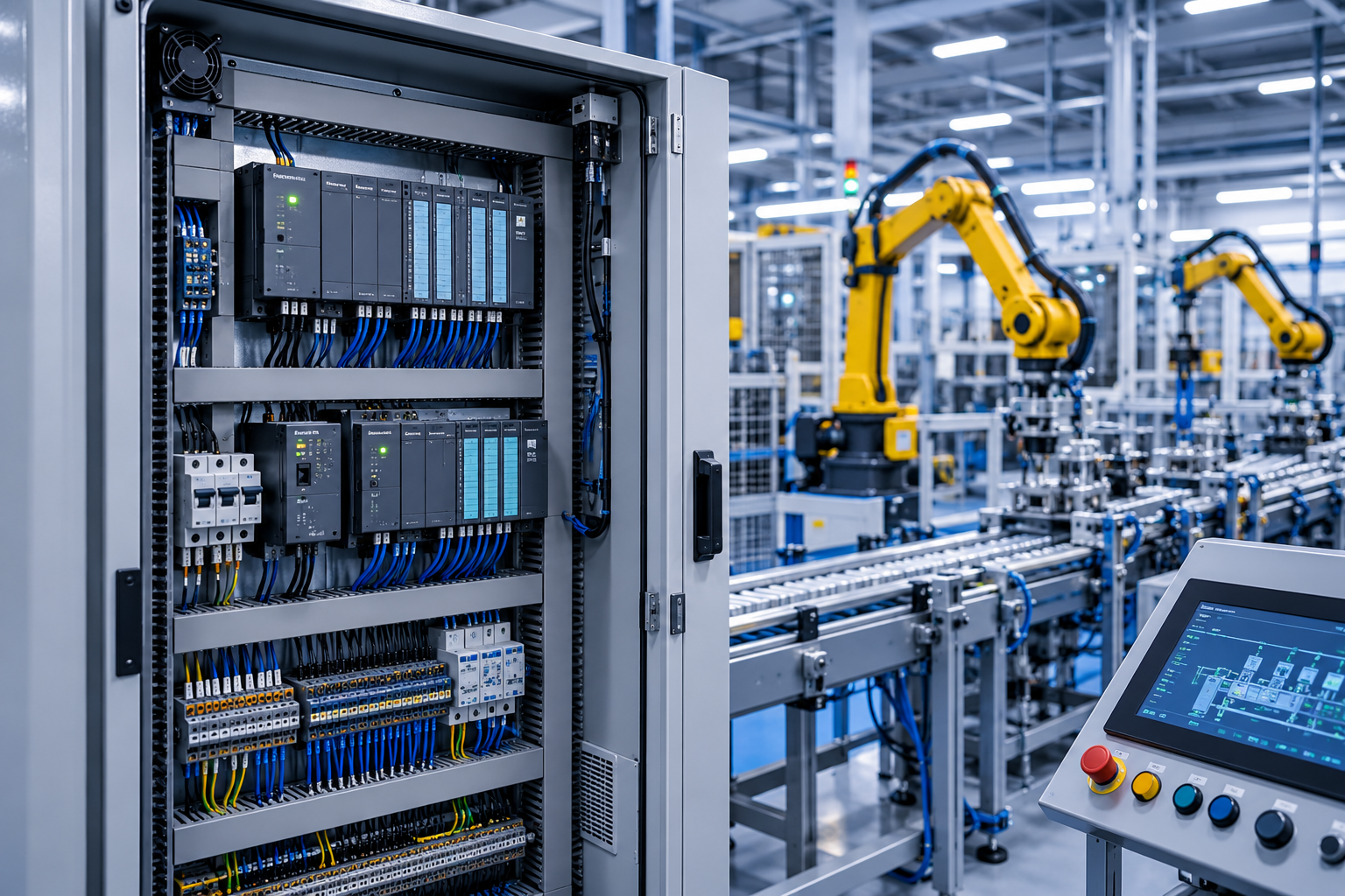 PLC control cabinet with controllers and I/O modules on a factory floor