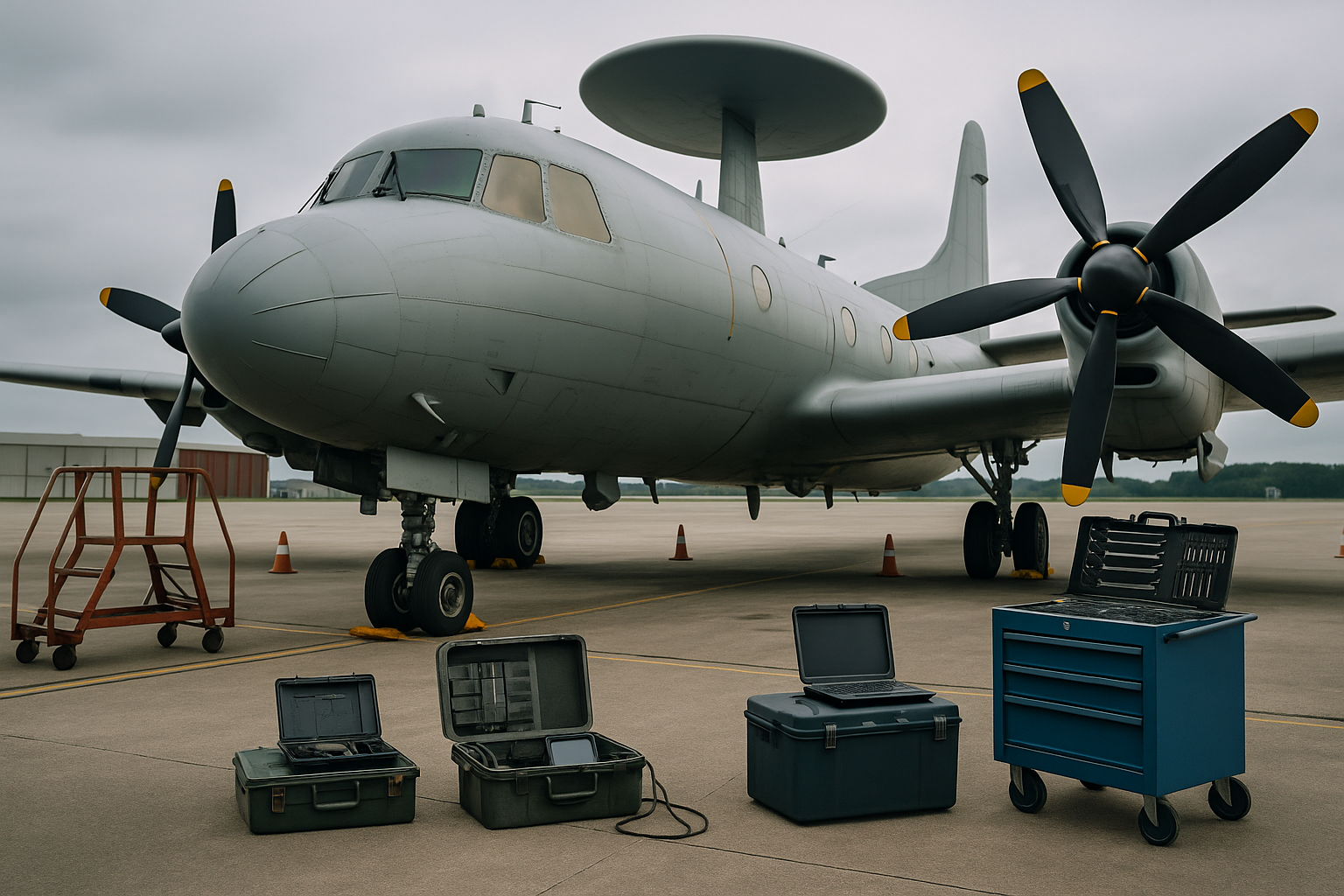 Military surveillance aircraft with avionics test equipment on the apron