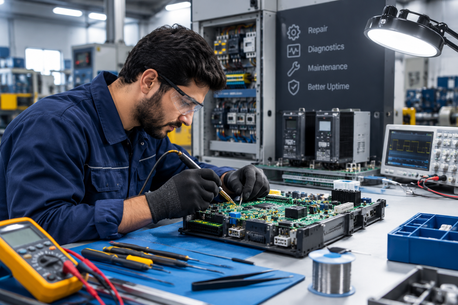 Engineer repairing an industrial control board at a workbench