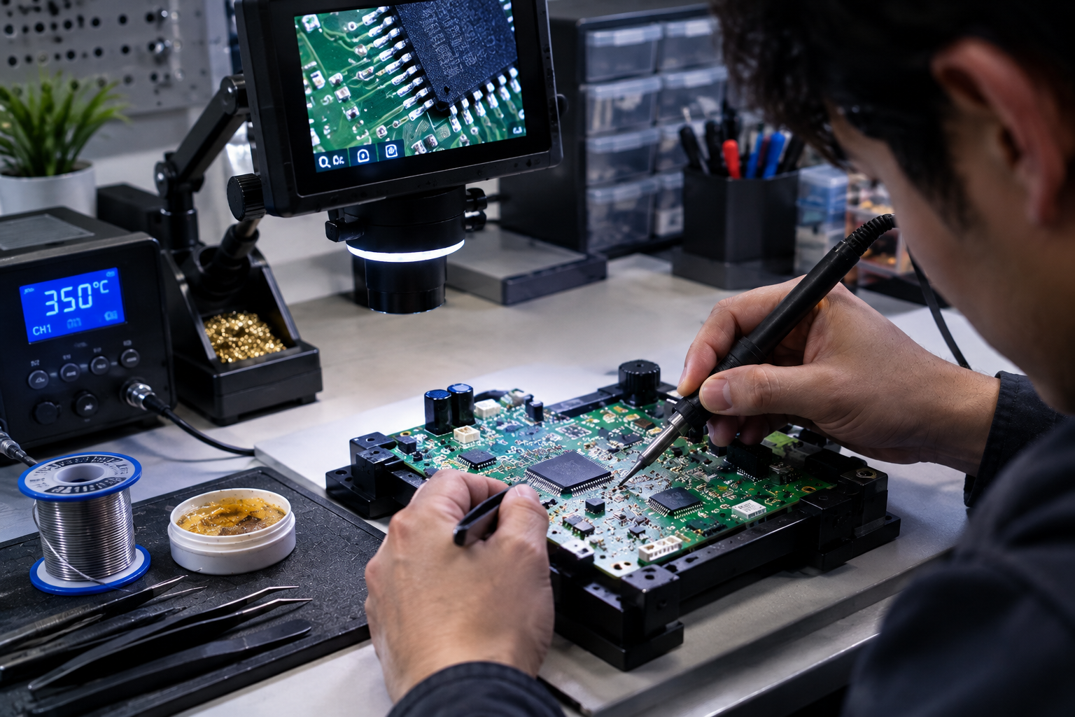 Engineer repairing a circuit board with a soldering iron under a microscope